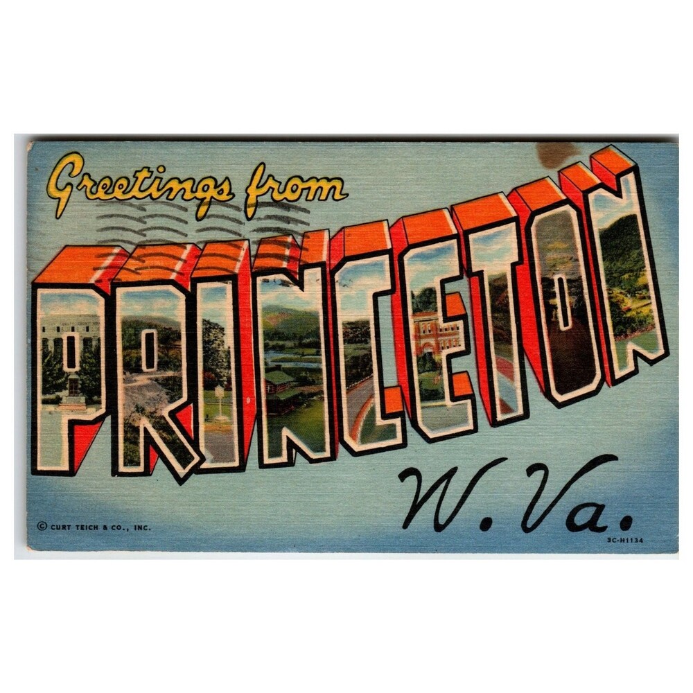 Greetings from Princeton WV Large Letter Linen Postcard Curt Teich 1940s Posted